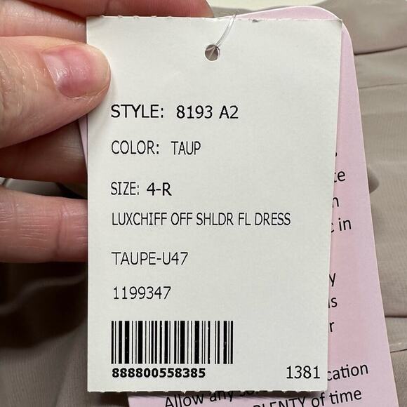 NWT | Social Bridesmaid | Off-Shoulder Bodice Trumpet Gown | Taupe | 4R - Picture 12 of 13